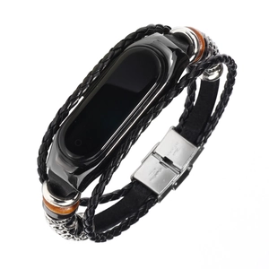 Vintage leather strap for Xiaomi Mi Band with ethnic silver metal accents and brown beads