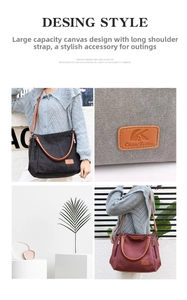 Detail view of large canvas crossbody bag with leather patch and side zipper pocket