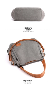 Detailed bottom view and front layout of grey canvas tote with brown leather handles