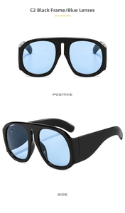 Macro views of oversize black frame sunglasses with blue lenses from front and side