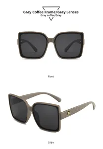 Front and side views of square sunglasses with gray coffee frame and quilted temples