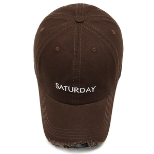 Vintage dark brown cotton baseball cap with Saturday embroidery and distressed brim detail