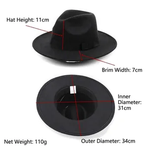 Classic black wool fedora hat for men and women with 7cm wide brim and ribbon band