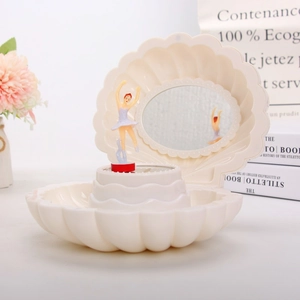 Shell music box with spinning ballerina, vanity mirror and cream white finish