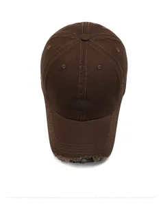 Top view of brown cotton canvas baseball cap with SATURDAY embroidery and distressed brim