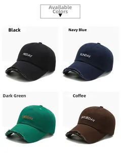 Distressed cotton baseball caps with weekday embroidery and frayed brim details