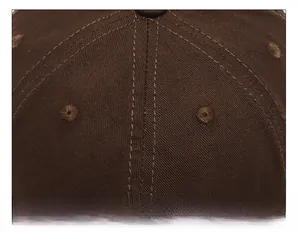 Macro detail of high-quality stitching and breathable eyelets on a brown cotton baseball cap