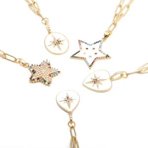 HipHop gold paperclip necklaces with colorful zircon heart and star enamel pendants