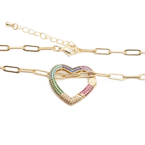 HipHop heart sweater necklace with rainbow cubic zirconia on golden paperclip chain