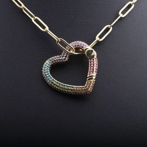 Gold heart pendant necklace with colorful micro-paved zircons and paperclip chain