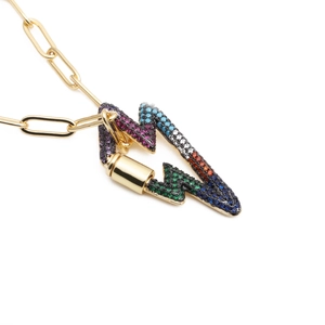 Golden lightning necklace with rainbow cubic zirconia on a paperclip chain