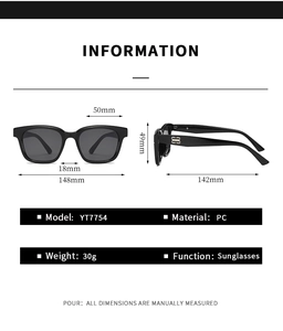 Detailed size specifications and parameters for square black unisex PC sunglasses