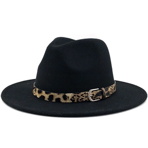 Detail of black wool fedora with leopard print belt and metal buckle for women