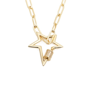 HipHop gold paperclip necklace featuring a star shaped carabiner pendant with clear zircons