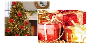 Close-up of red artificial three-layer Christmas flowers and gift boxes on Christmas tree