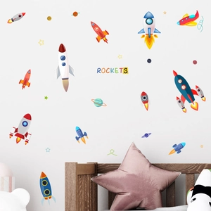 Cartoon Rakete und Planeten Wandtattoo Set für Kinderzimmer und Babyzimmer Wanddeko