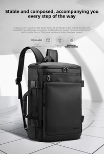 Close-up of black waterproof business backpack with side buckle and reinforced handle