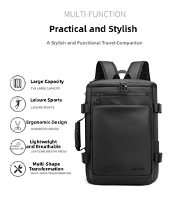 Detailed view of waterproof black business backpack with buckle strap and side pockets