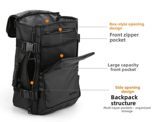 Detail view of the waterproof business backpack with box-style top opening and pockets