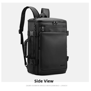 Side view detail of a black waterproof business backpack with buckles and functional zippers
