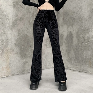 Women's black gothic flared trousers with elegant embossed floral velvet patterns