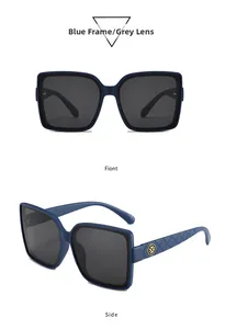 Detail of blue square sunglasses with diamond-textured temples and golden logo