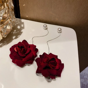 Vintage dark red velvet rose earrings with white pearl studs and silver tassels