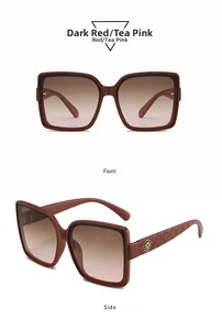 Detail view of maroon square sunglasses featuring quilted arms and tea pink gradient lenses