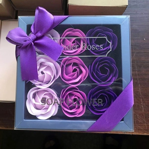 Detail view of 9 gradient purple soap roses in a gift box with a silk ribbon bow