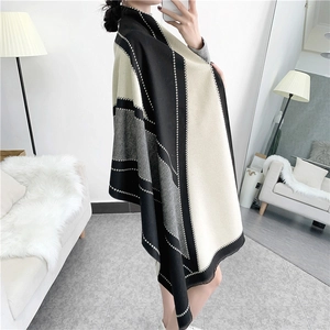 Women's warm winter shawl scarf with geometric patchwork, soft fringe and white stitching