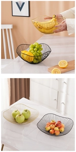 Detail von nordischem Obstkorb aus Metalldraht mit gewelltem Rand in Gold und Schwarz