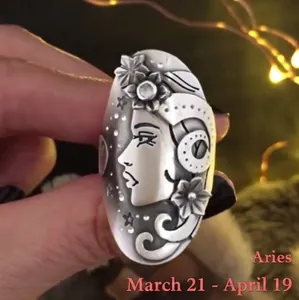 Vintage Aries zodiac ring with relief woman profile and floral accents for women