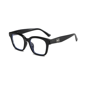 Classic black square frame sunglasses with silver metal logo and blue tinted lenses