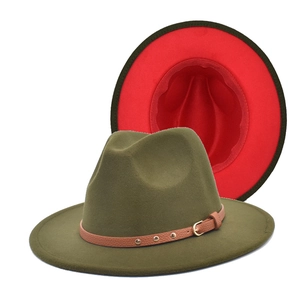 Detail of army green wool fedora showing contrast red brim and brown studded leather belt