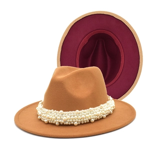 Wool fedora hat with pearl band decoration and two-tone burgundy lining details