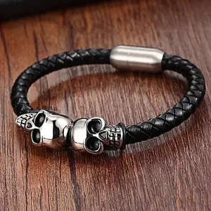 Punk men's black braided leather bracelet with twin skull charms and magnetic clasp