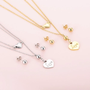 Colliers double couche à cœur en or et argent avec pendentifs love et boucles d'oreilles