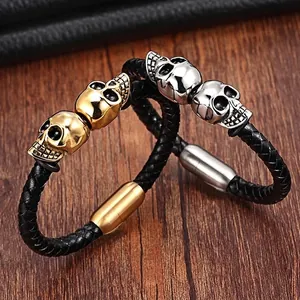 Men Woven Leather Bracelet Stainless Steel Skull Charms Punk Gothic Magnetic Clasp Personalized Wristband Jewelry