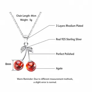 S925 sterling silver cherry pendant necklace with red agate beads on white background