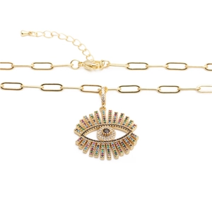 Collier hip hop doré avec pendentif œil maléfique multicolore et chaîne trombone