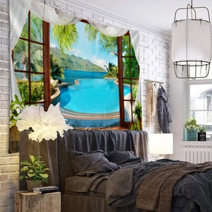Modern window view tapestry with tropical beach and ocean scenery for home decor