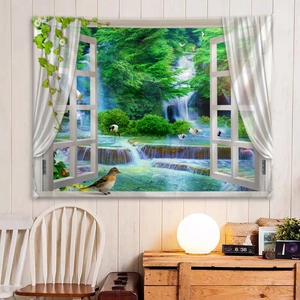 Detail of 3D window view tapestry showing a lush forest waterfall on a wooden wall