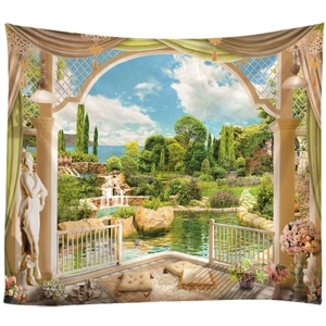 Classical garden window view tapestry with arches, statues, and floral landscape