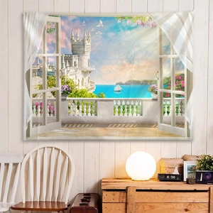 Detail of wall tapestry featuring window view of sea castle and white curtains