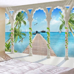 Tropical beach scenery wall tapestry with 3D white arch and pink floral print for bedroom décor
