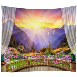Scenic summer sunset landscape wall tapestry with mountain view and blooming flowers decoration