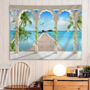Detail view of 3D ocean tapestry featuring white columns and pink roses in a dorm room
