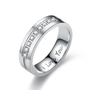 Silver titanium steel couple ring with round gemstones and I Love You engraving