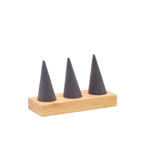 Bamboo wood and microfiber ring display stand with three grey cone holders for jewelry