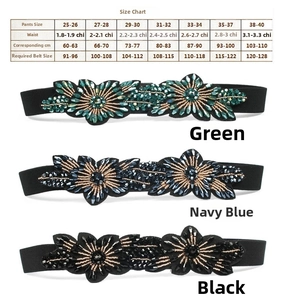 Size chart for crystal waist belt showing length comparisons in green navy and black